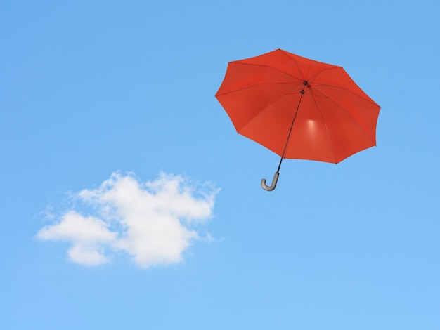 3d render red umbrella floating on blue sky background