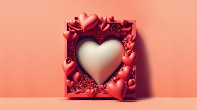 3D Render Red Vintage Square Frame With Heart Shapes Valentine's Day Concept