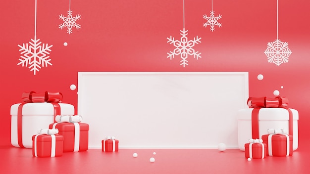 Rendering 3d di confezione regalo rossa e bianca con cornice per natale