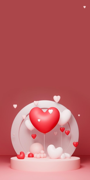 Rendering 3d di palloncini a forma di cuore rosso e bianco contro il podio circolare e il concetto di amore dello spazio della copia