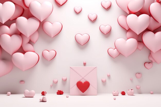 3d render of red and white heart shape balloons bunch on pastel pink background love or valentines