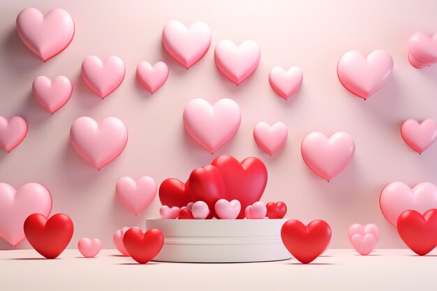 3d render of red and white heart shape balloons bunch on pastel pink background love or valentines
