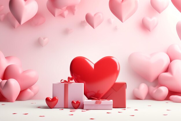 3d render of red and white heart shape balloons bunch on pastel pink background love or valentines