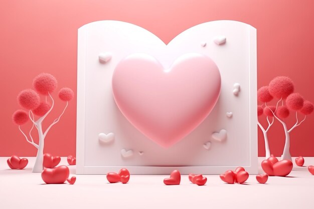 3d render of red and white heart shape balloons bunch on pastel pink background love or valentines