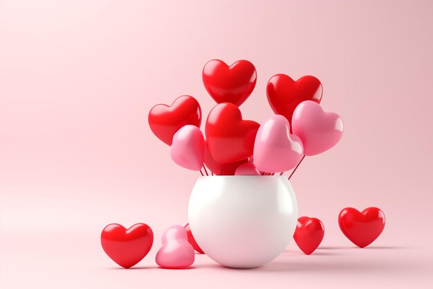 3d render of red and white heart shape balloons bunch on pastel pink background love or valentines