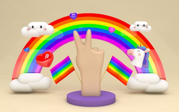 3D render regenboog met schattige wolken en eenhoorn en een hand die het vredesteken op beige achtergrond doet