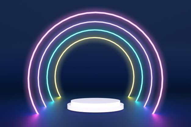 3D Render Rendering Double Podium Stand Circle Tube Tunnel Line Glow Ring Colorful Neon Glowing Dark