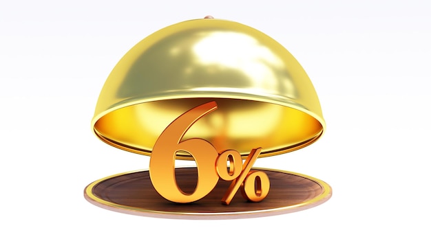 Rendering 3d della cloche del ristorante e della parola d'oro 6 percento all'interno. cloche ristorante con uno sconto del 6% dorato isolato su sfondo bianco.