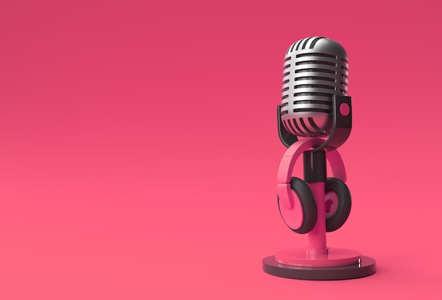 Photo 3d render retro microphone on short leg and stand with headphone 3d illustration design.