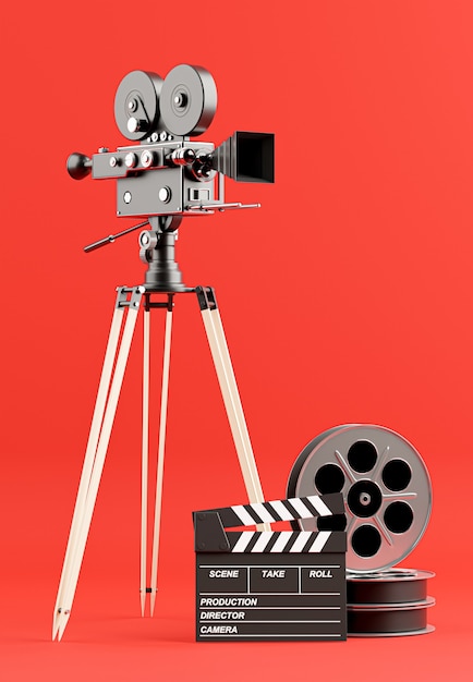 Premium Photo  3d render of retro movie camera with reel film,clapper board