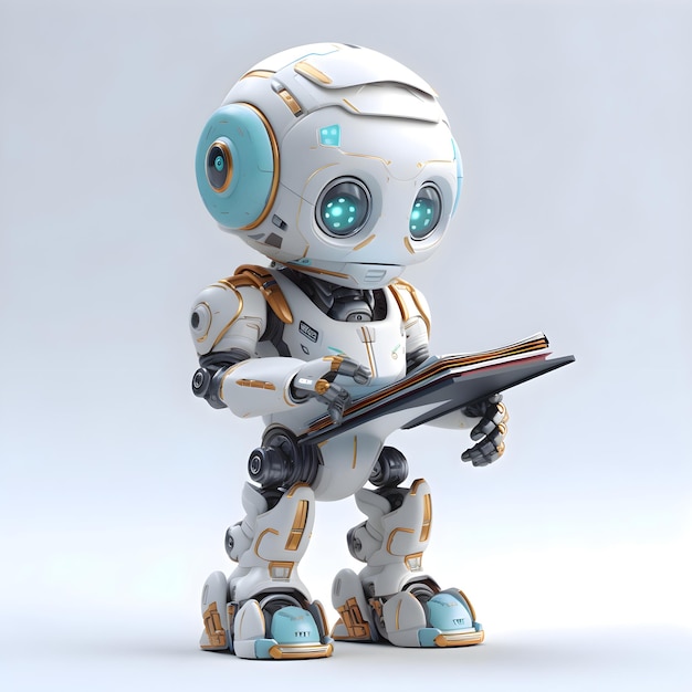 3D Render of a Robot reading a book on a white background