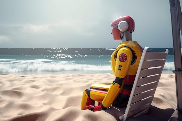 3d render of a robot sitting on a deck chair on the beach A futuristic AI robot lifeguard looking at the beach AI Generated