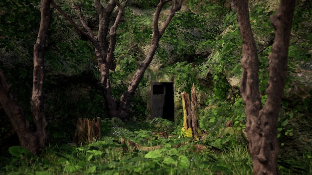 Photo 3d render rock cave entrance in forest is surrounded by old trees and foliage