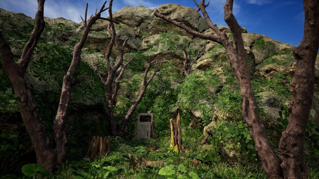 Photo 3d render rock cave entrance in forest is surrounded by old trees and foliage