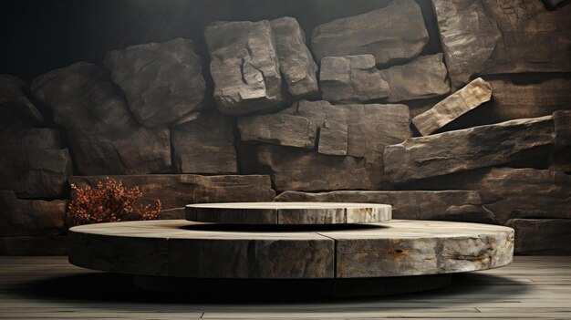 Foto 3d render rock podium product display met een mooie achtergrond en rots ornament