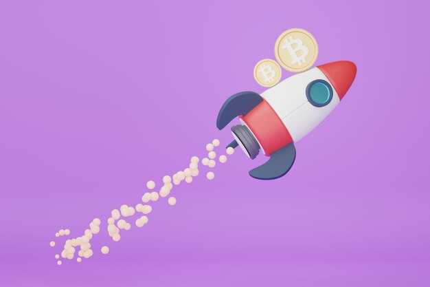 紫色の背景にビットコインを月に保持するロケットの3Dレンダリング。