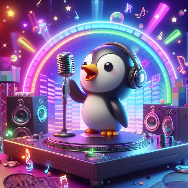 Photo 3d render of a rockstar singing the song penguin with colorful background