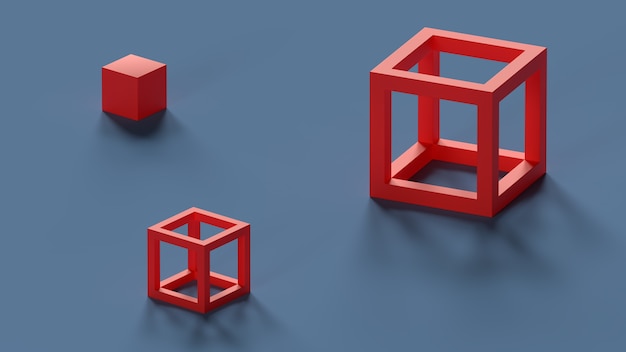 3D render rode blokjes op de vloer abstracte compositie