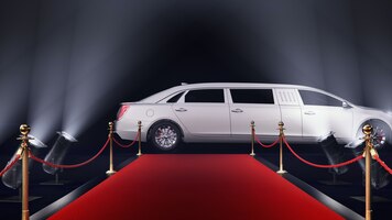 Foto 3d render rode loper met een limousine op zwarte achtergrond