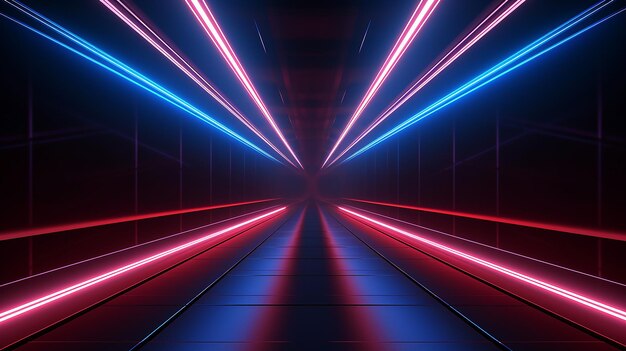 3D render rood blauw neonlicht verlichte gang tunnel lege ruimte virtuele ruimte generatieve ai