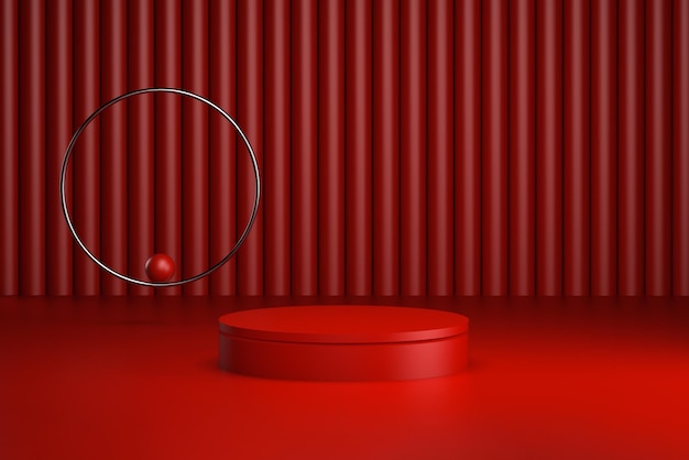 Foto 3d render rood rond productpodium met stalen ring met een rode bal en cilinders op de achtergrond