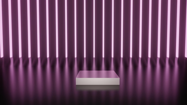 3d render room product podium, bright vertical lamps on the wall, pink colors