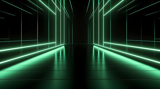 3D Render of a Room with Glowing Dark Green Neon Lines Abstract Background