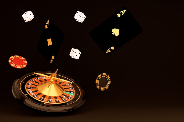 3d render roulette wheel aces play cards chips and playing dices on black background