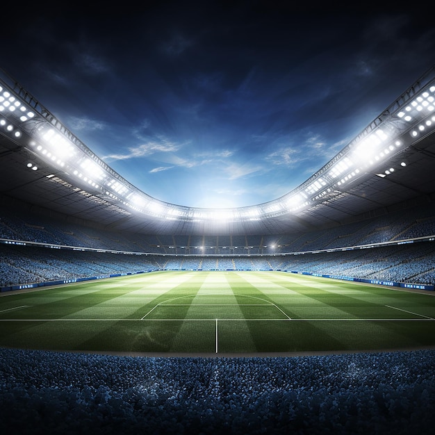 Photo 3d render of a round football stadium with floodlights and grass