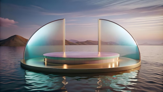 3d render round platform on water with glass wall panels