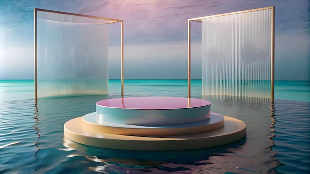 3d render round platform on water with glass wall panels