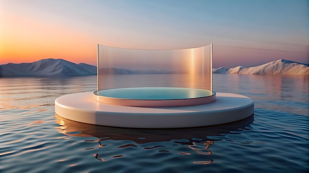 3d render round platform on water with glass wall panels