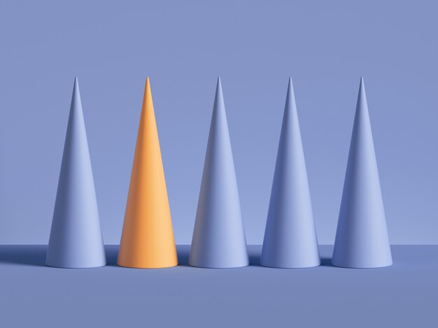 3d render row of cones with one yellow cone 