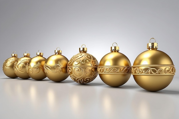 3D render of row of gold colored Christmas ornaments