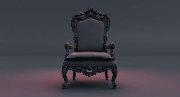 Rendering 3d del trono reale. trono gotico scuro isolato su sfondo nero,