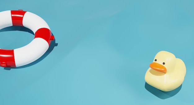 3d render A rubber duckling and a lifebuoy in the water 3d illustration