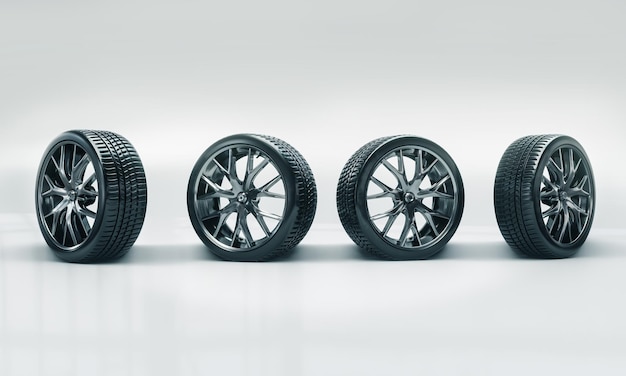 3d render of rubber tires on cast steel rims Wheel sale concept Auto repair shops