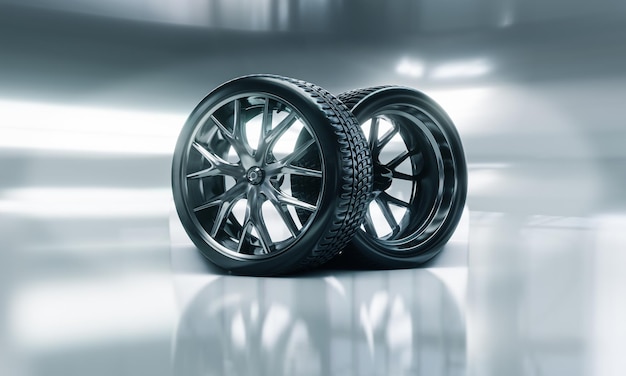 3d render of rubber tires on cast steel rims Wheel sale concept Auto repair shops