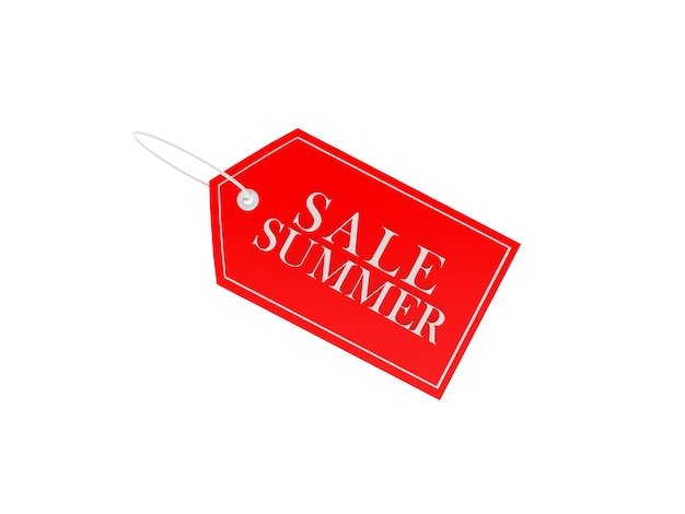 Photo 3d render sale summer text on red price tag isolated on white background