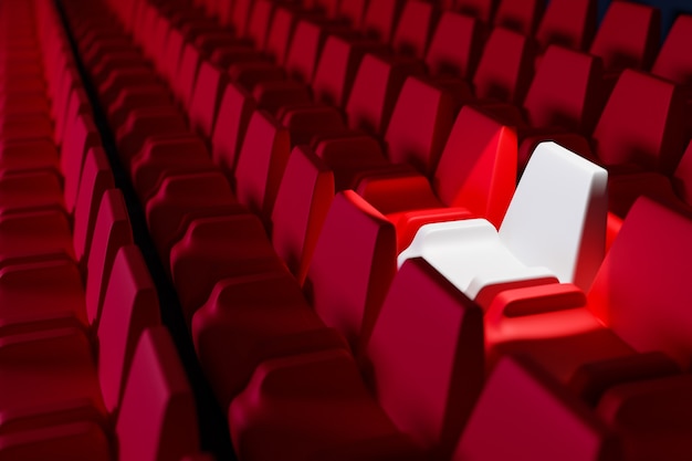 3D render the same rows of  red cartoon soft chairs and one white chair in the theater. Concept of a neon beautiful movie theater with  chairs