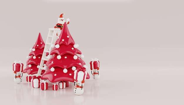 サンタクロースの3Dレンダリングは、ギフトボックスのクリスマスデコレーションに囲まれたクリスマスツリーを飾ります