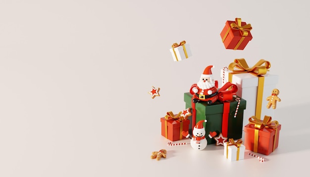 3d render of Santa sitting on gift boxes with snowman and gingerbread