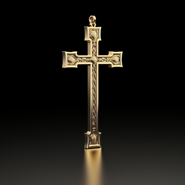 검은 로듐 도금 세부 사항이 포함된 새틴 마감 금 십자가의 3D 렌더링 성 금요일 부활절 종려