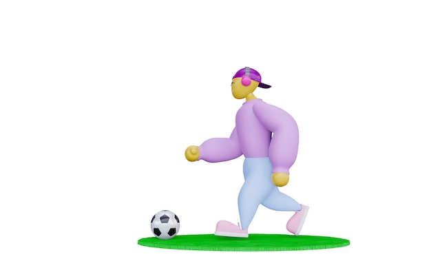 3D render schattig karakter speelt voetbal met een bal op het gazon