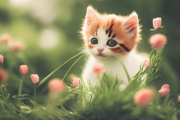 3D render schattig kitten zittend buiten in de natuur op gras en observeer de tuin op de mooie dag