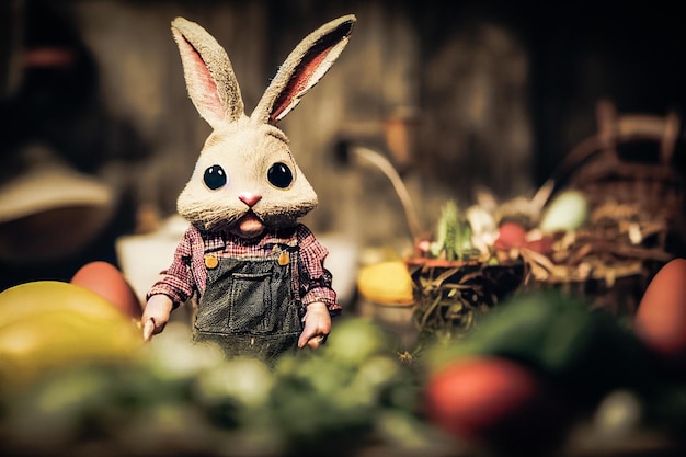 3D render schattige kleine konijnenboer gekleed in overalls in tuin vol groente en paaseieren