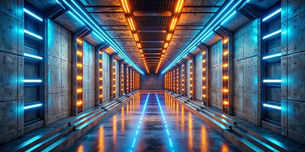 3d render sci fi background concrete wall corridor tunnel with abstract orange and blue neon bulbs