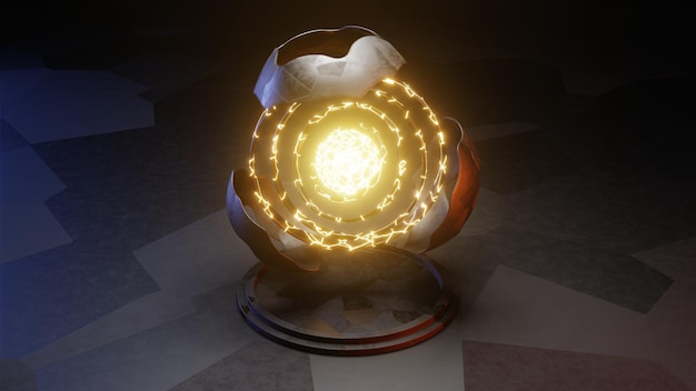 3D Render Scifi объект светящийся энергетический центр вращающаяся металлическая сфера хаотическая структура