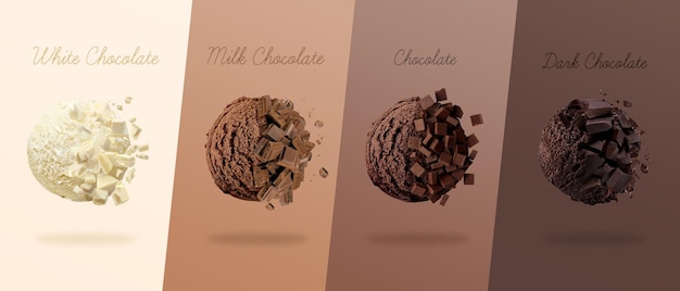 Photo 3d render scoops of ice cream with four types of chocolate different white chocolate