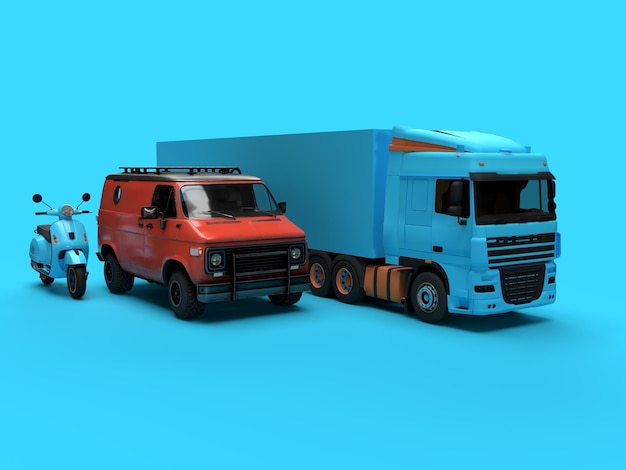 3d render scooter minibus and truck on a blue logistics background